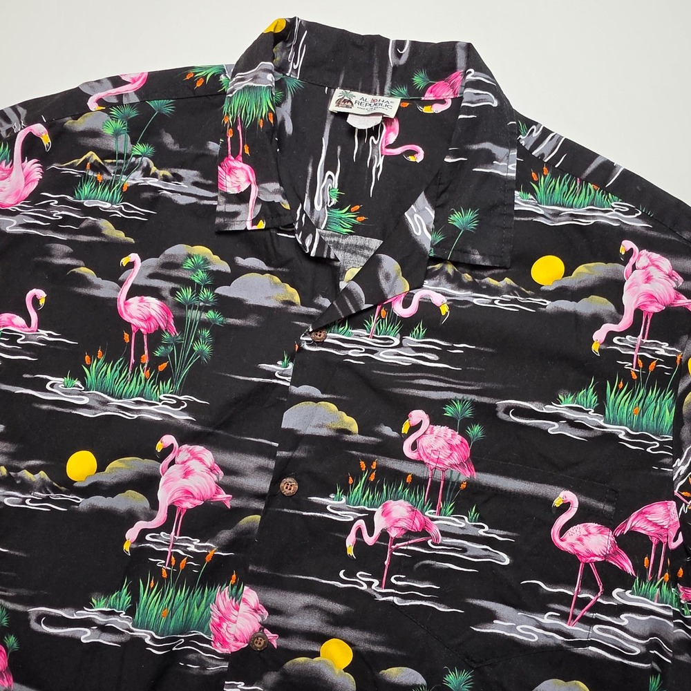 Aloha Republic Mens‎ Shirt 2XL Black Pink Flamingo Cotton Hawaiian Camp Vacation